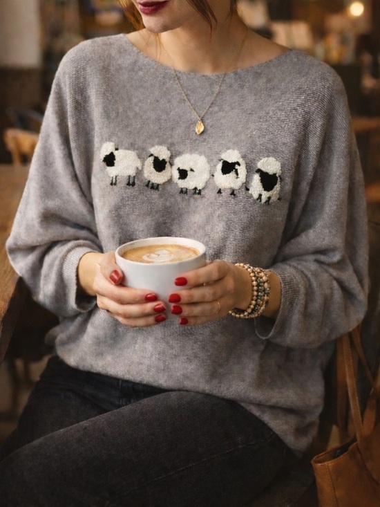 Aaeda Sweaters - Aaeda Sheep Appliqué Sweater Gray Dolman Sleeve Knit Top Size Large Cozy Cute